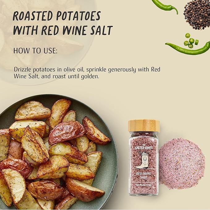 The Salted Roots - Red Wine Salt - Bold & Smoky Seasoning - Infused with Red Wine, Peppercorn, Garlic & Lemon - Perfect for Grilled Meats & Gourmet Dishes - 4oz