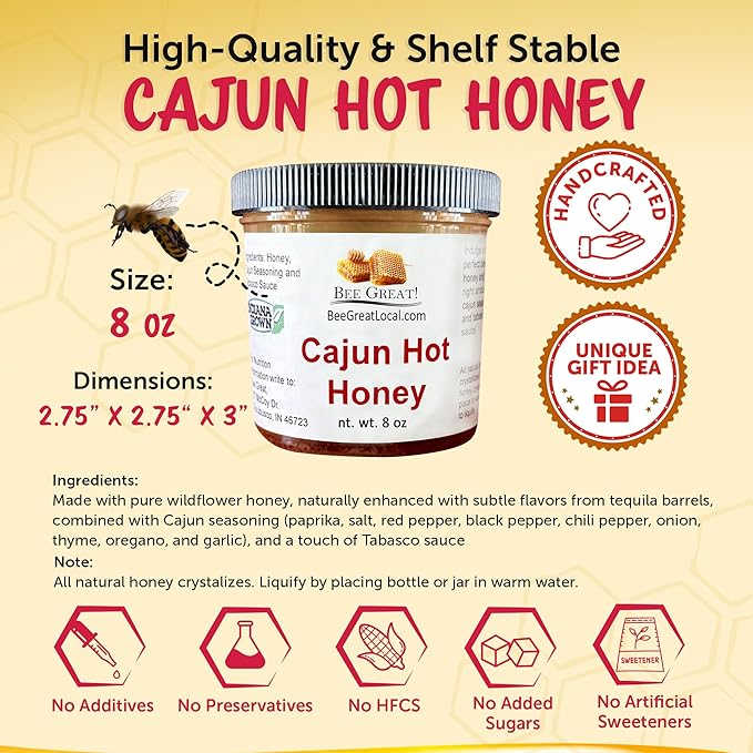 Bee Great Cajun Hot Honey – Sweet & Spicy Honey Infused with Cajun Peppers – Perfect for Pizza, Chicken & BBQ (8 oz)
