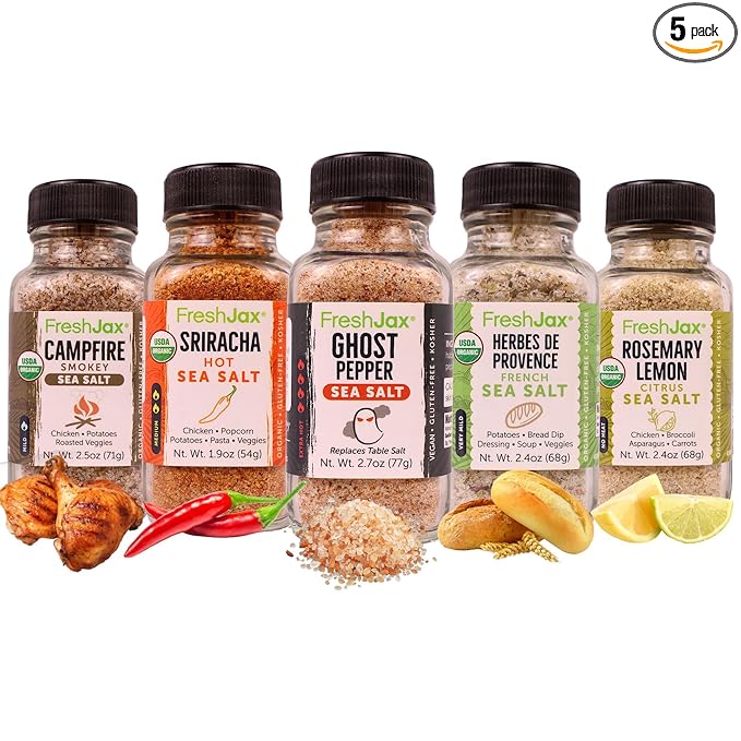FreshJax Seasoned Sea Salt Gift Set | 5 Sampler Sized Sea Salt Organic Seasoning | Grilling Christmas Gifts for Men, Dads, Father | Flavored Salt Spice Set Packed in a Giftable Box