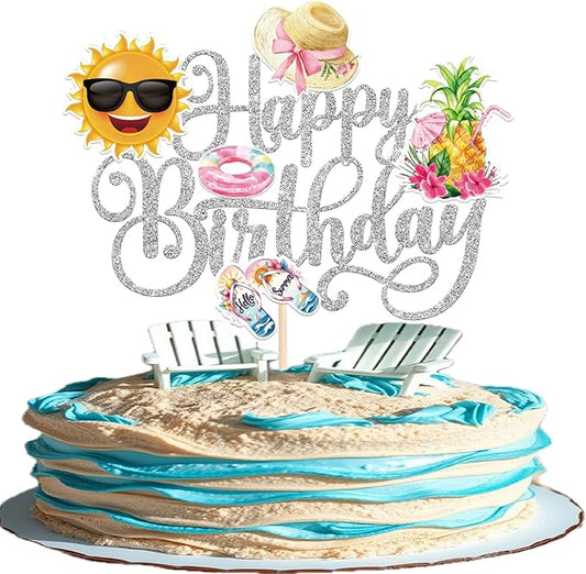 1 PCS Summer Beach Happy Birthday Cake Topper Sun Flip-Flops Pineapple Flatator Hat Cake Pick Pool Hawaiian Baby Shower Decorations for Tropical Luau Birthday Party Cake Decorations Supplies Silver