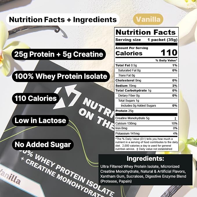 Travel Whey Protein Isolate Packets ??Single-Serve Protein Powder ??25g Protein + 5g Creatine ??Vanilla (15-Pack)