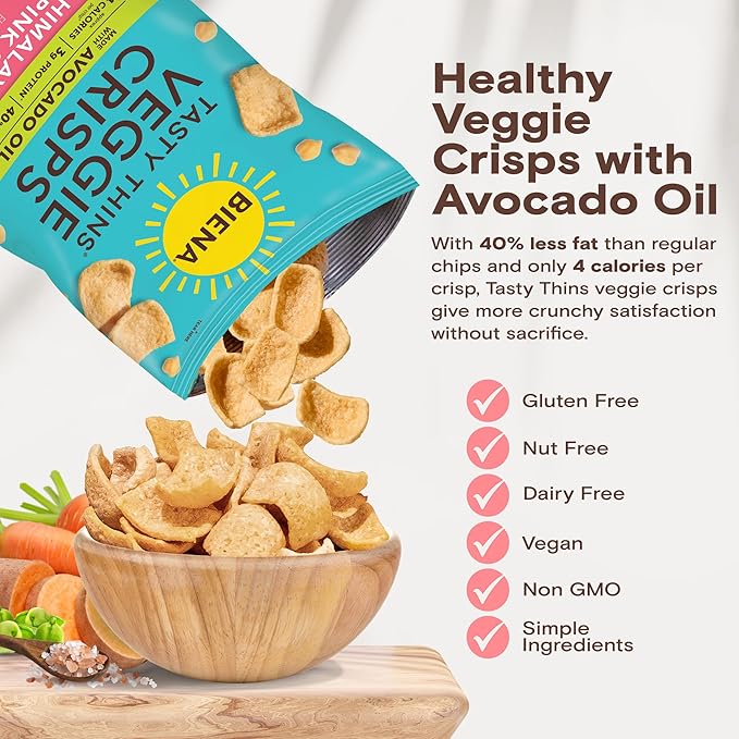 BIENA Tasty Thins Veggie Crisps - Made with Avocado Oil - Low Calorie Veggie Chips for Adults and Kids - 4-Pack, 4 Ounce Bags - Himalayan Pink Salt