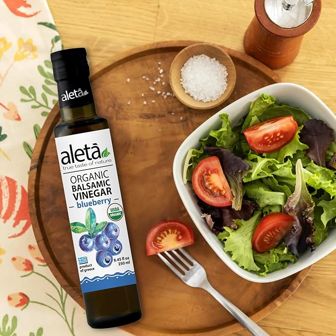 Aleta Farms Balsamic Vinegar, Greek Organic Blueberry Infused Aged Balsamic Vinegar, USDA Organic, Perfect for Salad Dressings, Pasta, Desserts & Cocktails, Glass Bottle, 8.45 fl oz (Blueberry)