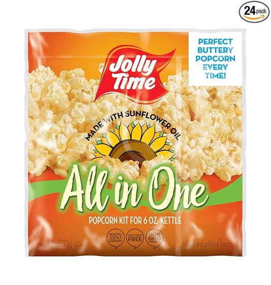 JOLLY TIME All in One Popcorn Kit with Sunflower Oil, Portion Packets with Kernels, Sunflower Oil and Salt for Movie Theater or Air Popper Machines (24 pack, 6oz Kettle)