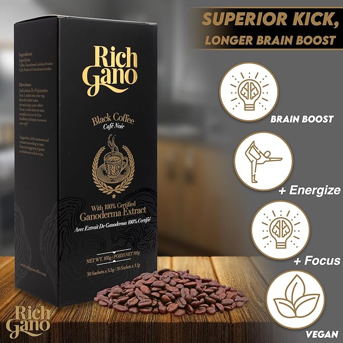Rich Gano Reishi Mushroom Coffee – (3 Boxes of 30 Sachets) Black Coffee with Ganoderma Extract – All Natural Vegan Friendly Instant Coffee Packets – Zero Jitters Energize Ganoderma