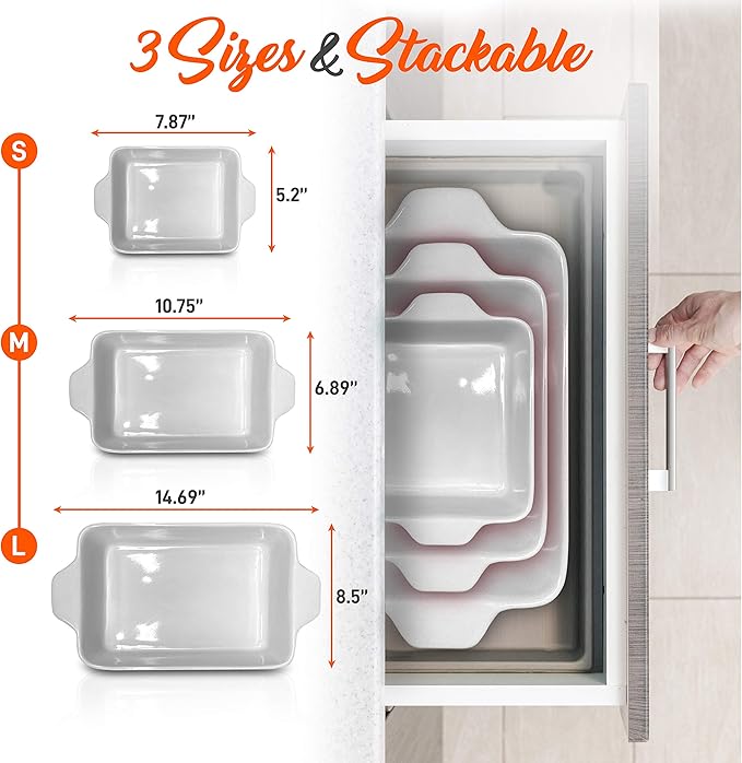 NutriChef 3-Piece Ceramic Casserole Dish for Oven - Premium Lasagna Baking Pans w/ Nonstick Coating & Built-In Handles - Dishwasher & Microwave Safe - 14" x 8", 10" x 6", 7" x 5" - Red