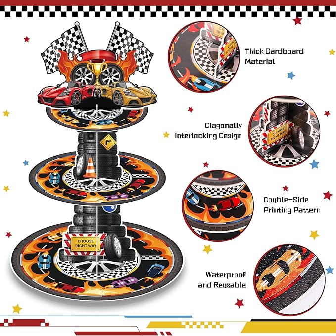 2 Pack Race Car Birthday Party Decorations Race Car Cupcake Stand 3 Tier Racing Cupcake Holder Truck Party Favors for Kids Boys Birthday Baby Shower Supplies