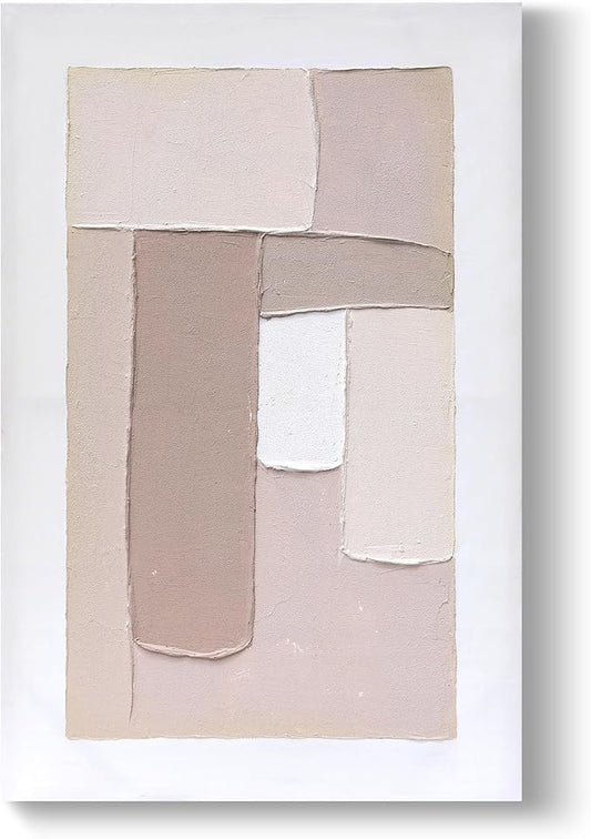 Artaanchuil Large Abstract Hand Painted Oil Painting - Beige White Textured Canvas Wall Art Geometry 30x45 Inch Vertical MInimalist Artwork for Living Room Wall Decor