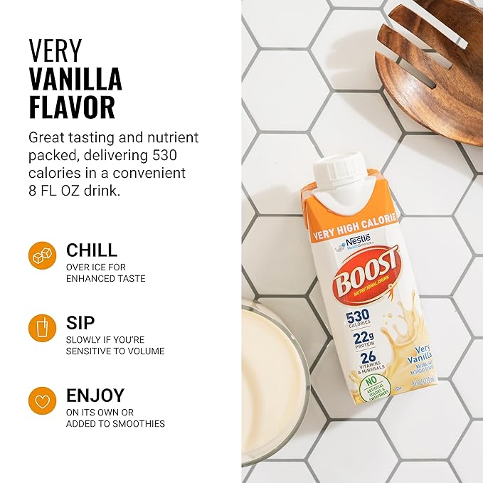 Boost Very High Calorie Vanilla Nutritional Drink ??22g Protein, 530 Nutrient Rich Calories, 8 Fl Oz (Pack of 24)