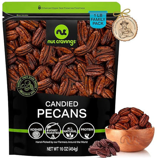 NUT CRAVINGS - Candied Pecans Honey Glazed Praline, No Shell (16oz - 1 LB) Bulk Nuts Packed Fresh in Resealable Bag - Healthy Protein Food Snack, Food Assortments
