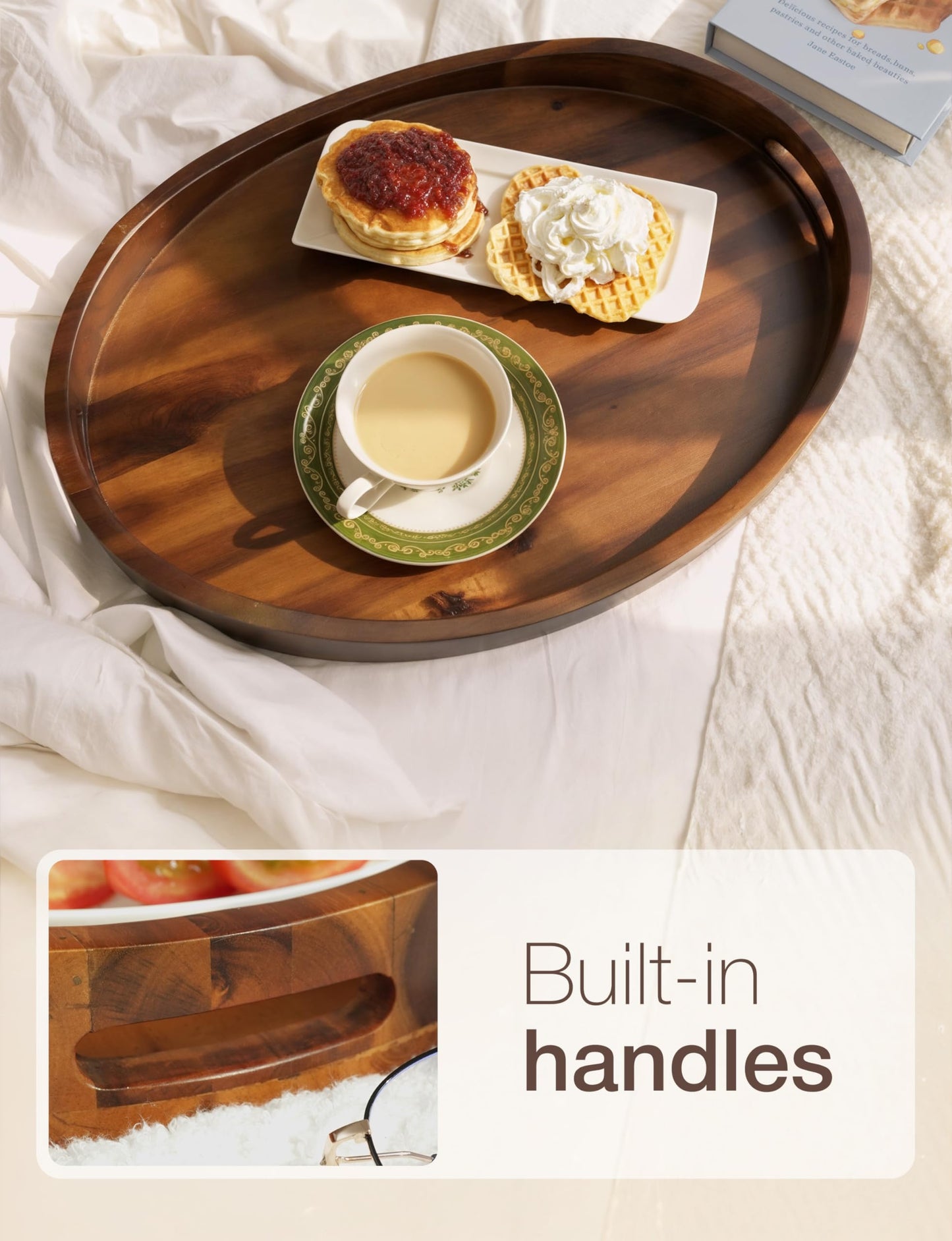 TIDITA Acacia Oval Wooden Serving Tray with Handle, 16.5"x13", Walnut Color