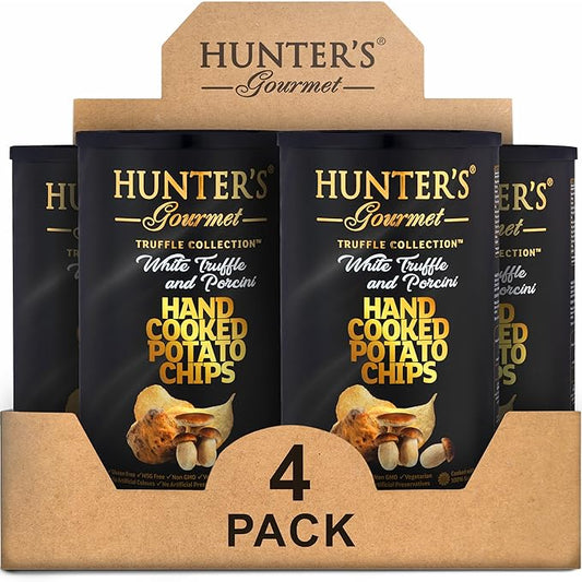 Hunter's Gourmet Premium Truffle Chips | No Artificial Colors or Preservatives | Hand-Cooked | Made with 100% Sunflower Oil | White Truffle & Porcini | Gluten-Free Snacks | Pack of 4 | 150g