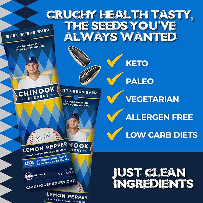 Chinook Seedery Roasted Sunflower Seeds to Eat - 1.5 oz (Pack of 36) Lemon Pepper - Jumbo Low Sodium Sunflower Seeds Keto Snacks - Adventure, Baseball, School Snacks - Gluten Free, Non GMO Snacks