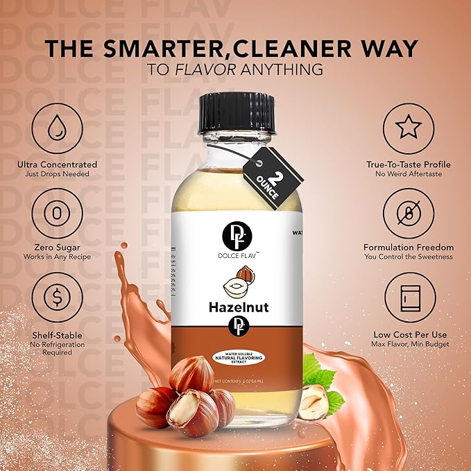 Dolce Flav Natural Hazelnut Extract ??2 Ounce Water-Soluble Kosher, Sugar-Free, Concentrated Toasted Hazelnut Flavoring for Coffee, Baking & Desserts, Includes Measured Dropper