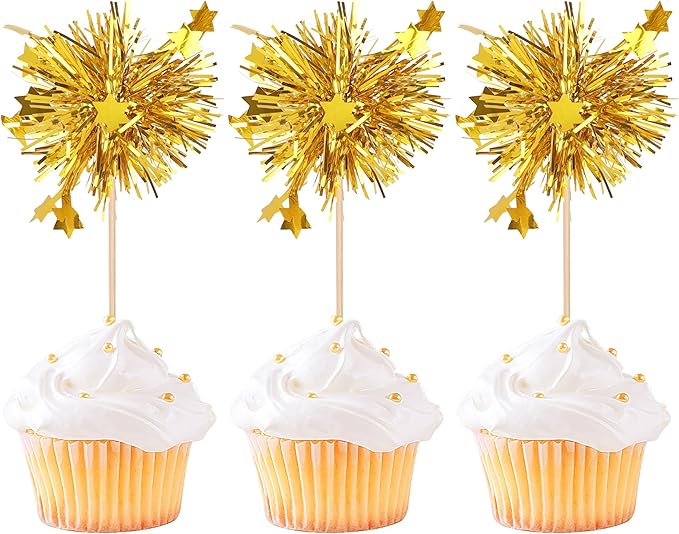 Rsstarxi 30 Pack Gold Firework Cupcake Toppers Birthday Cupcake Toppers Sparkle Tinsel Flower Drink Stirrers Cocktail Toothpicks for New Years Valentine's Day Party Cake Decorations