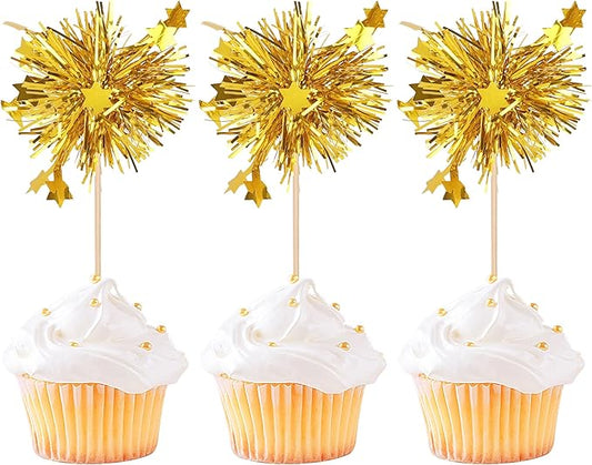 Rsstarxi 30 Pack Gold Firework Cupcake Toppers Birthday Cupcake Toppers Sparkle Tinsel Flower Drink Stirrers Cocktail Toothpicks for New Years Valentine's Day Party Cake Decorations