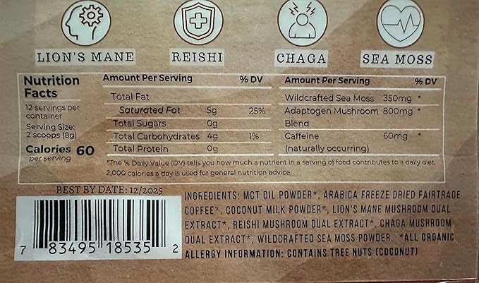 Elderwise Organics Coffee - Latte - Lion's Mane, Chaga, Reishi, Cordyceps, MCT Oil, Coconut Cream & Sea Moss - 12 Servings - Freeze Dried Instant Coffee - Chemical free - Fair Trade