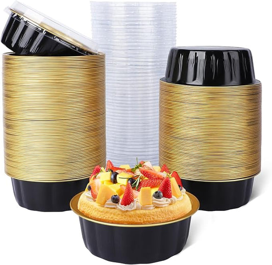 Beasea Creme Brulee Disposable Ramekins with Lids, 120 Pack 8 oz 4 Inch Mini Aluminum Foil Baking Cups Black Gold Small Round Cupcake Tart Pie Tins Pans Individual Containers Oven Safe for Baking