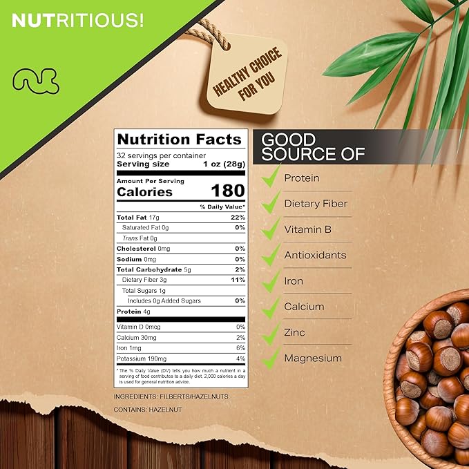 NUT CRAVINGS, Raw Hazelnuts Filberts In Shell, Whole, (32oz - 2 LB) Bulk Nuts Packed Fresh in Resealable Bag, Healthy Protein Food Snack, Food Assortments Ideal for Trail Mixed Nuts
