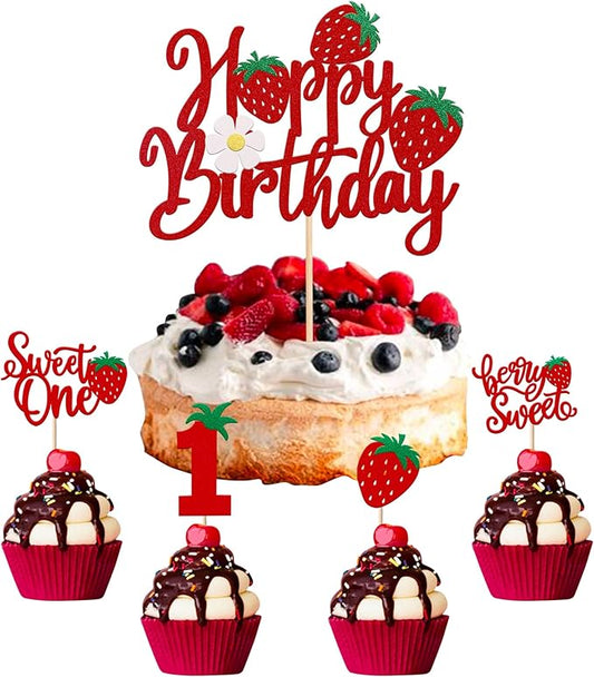 25 Pack Sweet One Cupcake Toppers Glitter First Birthday Strawberry Cupcake Picks for Fruit Baby Shower 1st Birthday Berry Sweet Cupcake Decorations Party Supplies Red
