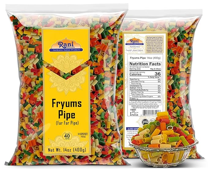 Rani Far Far/Fryums (Wheat & Tapioca Pellet) Round/Pipe Shape 14oz (400g) ~ Vegan, Kosher, Uncooked, Used to Make Papad, Bhungra/Chip Snack