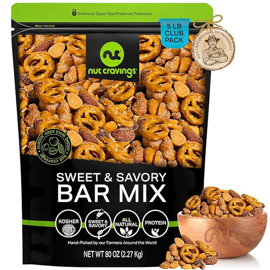 NUT CRAVINGS - Party Bar Nut Mix, Sweet & Savory Pub Snack - Smoked Almonds, Pretzels, Toffee Peanuts, Spicy, Honey Roasted Peanut (80oz - 5 LB) Packed Fresh in Resealable Bag - Food Assortments