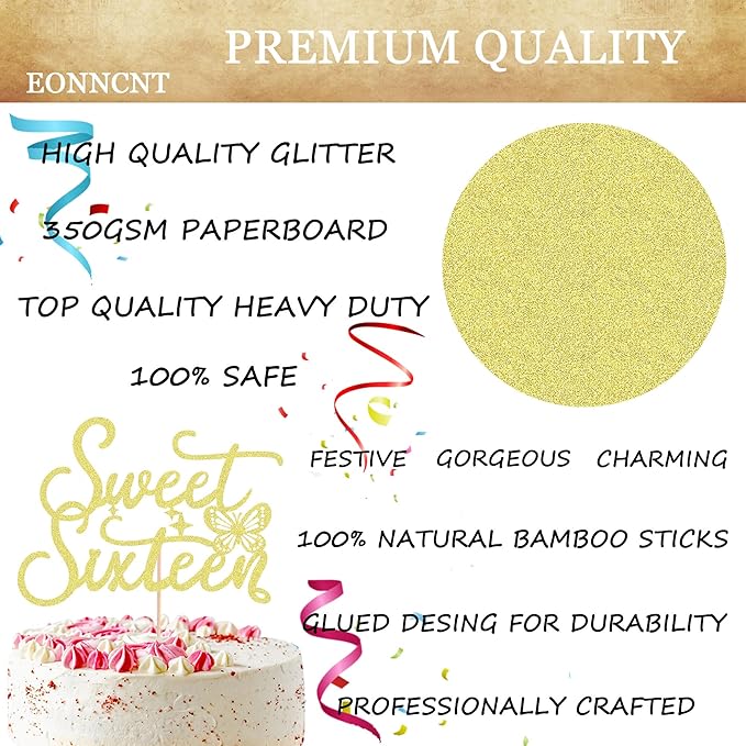 Sweet Sixteen Cake Topper - Gold Glitter Butterfly Theme Sweet 16 Birthday Cake Decorating Supplies for Girls, Sweet 16 Cake Topper for Happy 16th Birthday Anniversary Party Supplies Photo Booth Props