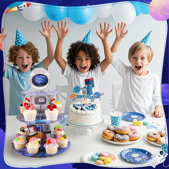 2 Pack Space Astronaut Cupcake Stand Space Themed Party Decorations 3 Tier Cupcake Holder Outer Space Party Decorations Astronaut Dessert Tower for Boys Kids Galaxy Birthday Supplies