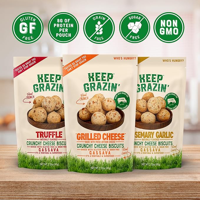 Keep Grazin Grain Free Crunchy Cheese Biscuits - Variety Pack | 2.12 Ounce (Pack of 9) | Gluten & Sugar-Free, Non-GMO Protein Snacks - Baked with 100% Grass-Fed Cheese & Cassava Flour