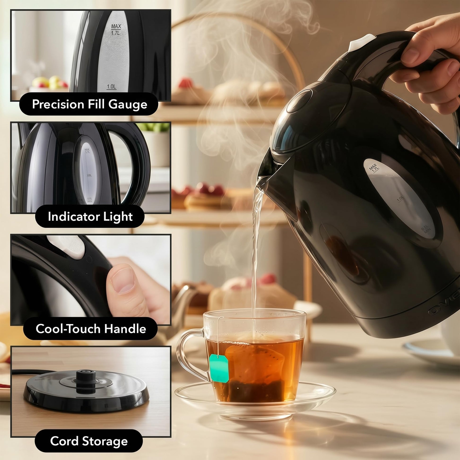 OVENTE 1.7L Electric Kettle with 1100W Fast Boiling Water, Black KP72B