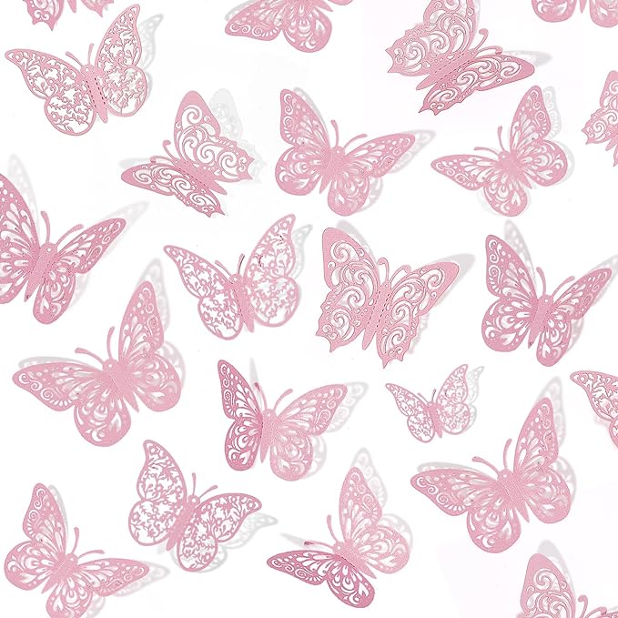 Crosize 72Pcs Pink 3D Butterfly Wall Decor - 3 Sizes, Party & Cake Decorations, Stickers & Decals for Girls, Kids, Baby Bedroom & Bathroom