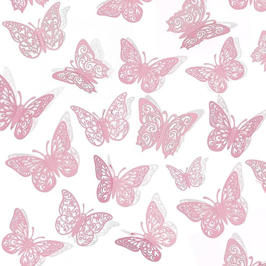 Crosize 72Pcs Pink 3D Butterfly Wall Decor - 3 Sizes, Party & Cake Decorations, Stickers & Decals for Girls, Kids, Baby Bedroom & Bathroom