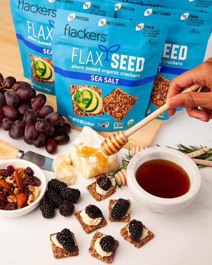Flackers Organic Flax Seed Crackers Variety Pack, Sea Salt, Rosemary, Savory and Cinnamon, Gluten Free, Non-GMO, Vegan, Low Carb snacking, Pack of 4