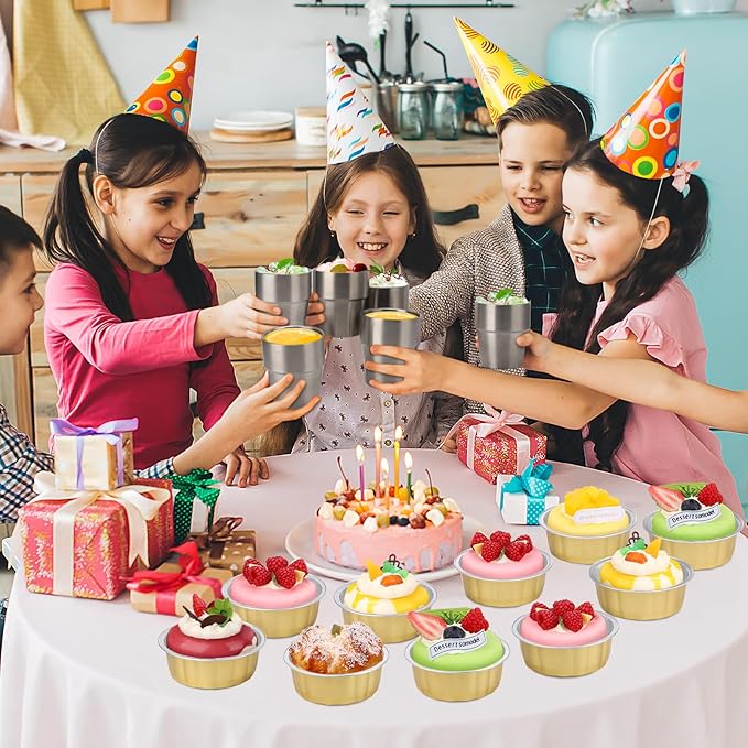 Beasea 8 oz 100 Pack Aluminum Ramekins, Disposable Ramekins Foil Cups Baking 3.9" Ramekin Cup Muffin Cupcake Aluminum Baking Cup Mini Pudding Souffle Cups for Party Wedding Birthday - Gold