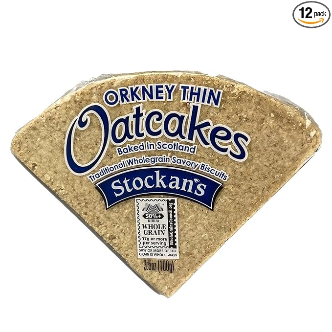 Stockan's Orkney Wholegrain Thin Oatcakes - Traditional Scottish Savoury Biscuits Imported from Scotland - 12 Packs (8 Oatcakes in Each Pack)