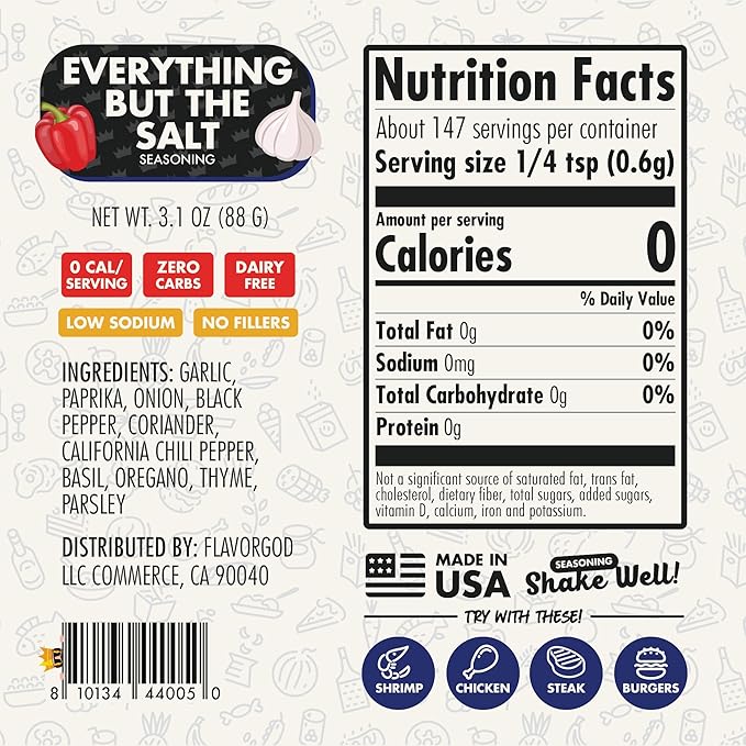 Everything But the Salt Seasoning Mix, 2 Bottles by Flavor God - Premium All Natural & Healthy Spice Blend for Chicken, Tacos, Salads & Pastas - Kosher, Low Sodium, Dairy-Free