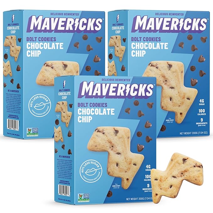 Mavericks Chocolate Chip Bolt Cookies - Plant-Based Chocolate Chip Cookies, Healthy, Plant Based Snack for Kids, Nut Free, 40% Less Sugar - 7 oz Box (3 Pack)