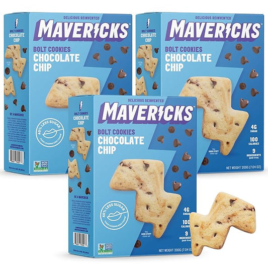 Mavericks Chocolate Chip Bolt Cookies - Plant-Based Chocolate Chip Cookies, Healthy, Plant Based Snack for Kids, Nut Free, 40% Less Sugar - 7 oz Box (3 Pack)
