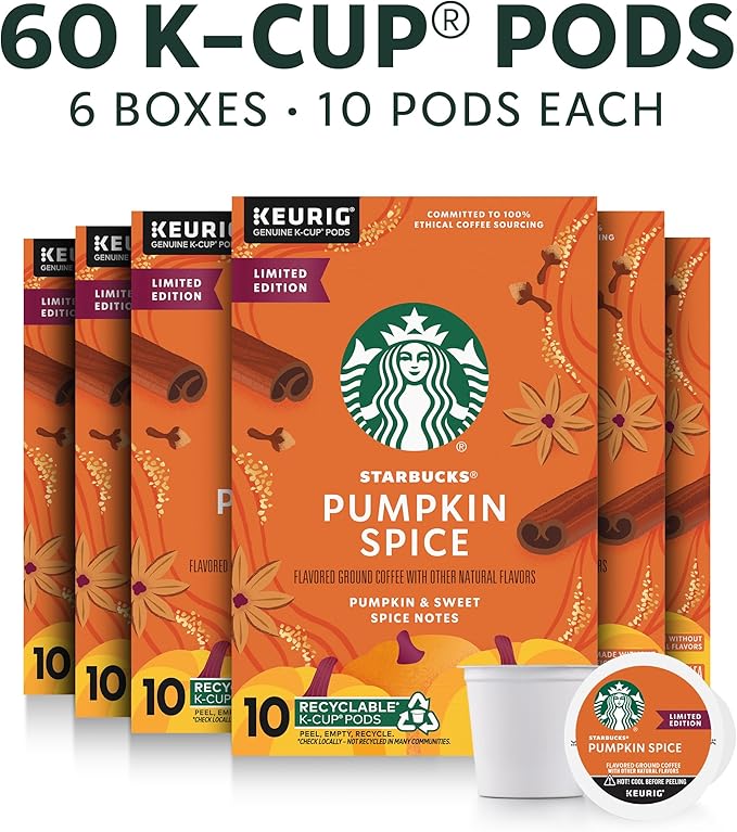 Starbucks K-Cup Coffee Pods, Pumpkin Spice Naturally Flavored Coffee for Keurig Brewers, 100% Arabica, Limited Edition, 6 Boxes (60 Pods Total)