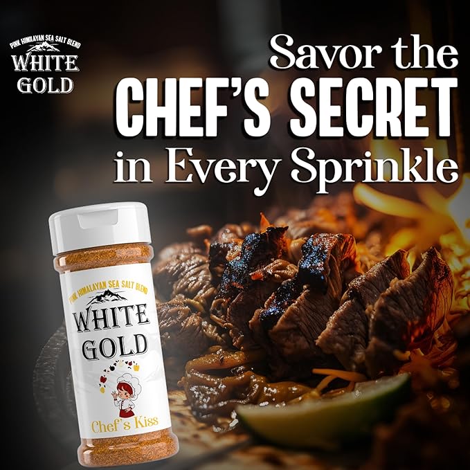 White Gold Chef’s Kiss All Purpose Seasoning with Pink Himalayan Sea Salt - Gourmet Seasoned Salt Blend Perfect for Cooking Meats & Vegetables, Natural Ingredients, Gluten-Free, Vegan, Keto Friendly