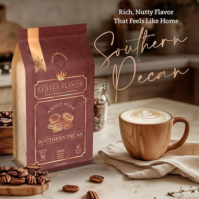 Southern Pecan Flavored Whole Bean Coffee ??Organic, Medium Roast, 100% Arabica, Single Origin ??Naturally Flavored ??by Coffea Flavor
