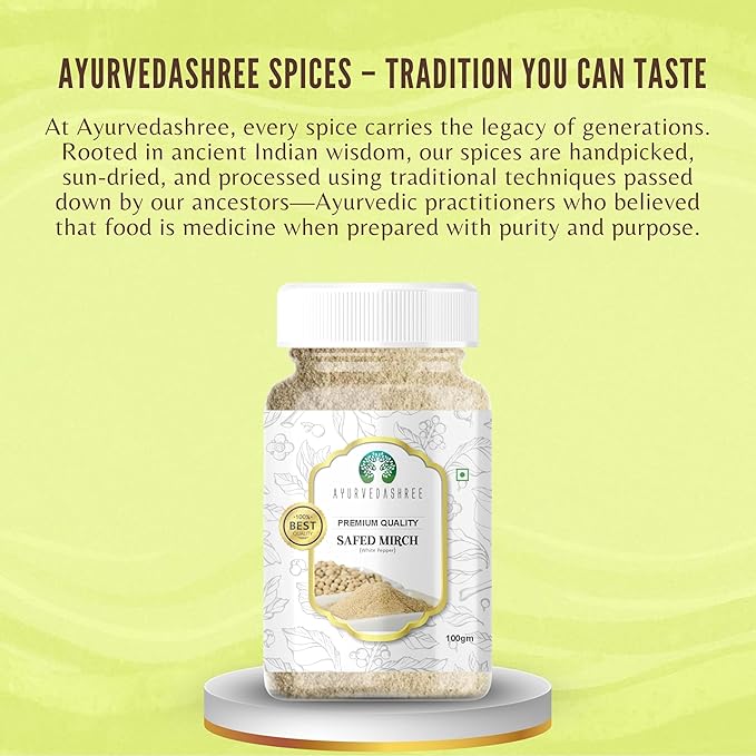 AYURVEDASHREE White Pepper Powder 100gm PET Jar | All Natural | Non GMO, 100% Raw | Sourced from India |For Cooking, Smoothies, Tea.