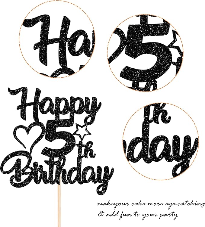 YCTHUNFISH 1 Pack Happy 5th Birthday Cake Topper Glitter Heart Star 5 Fabulous Cake Pick Birthday Sign Cake Decorations for Children 5th Birthday Theme Party Supplies Black