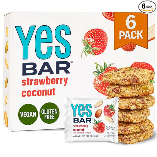 The YES Bar ??Strawberry Coconut ??Plant Based Protein, Decadent Snack Bar ??Vegan, Paleo, Gluten Free, Dairy Free, Low Sugar, Healthy Snack, Breakfast, Low Carb, Keto Friendly (Pack of 6)