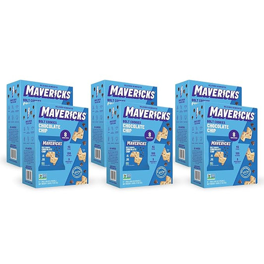 Mavericks Chocolate Chip Bolt Cookies - Plant-Based Chocolate Chip Cookies, Healthy, Plant-Based Snack for Kids, Nut Free, 40% Less Sugar - Back to School - 6 Boxes (48 Pouches)