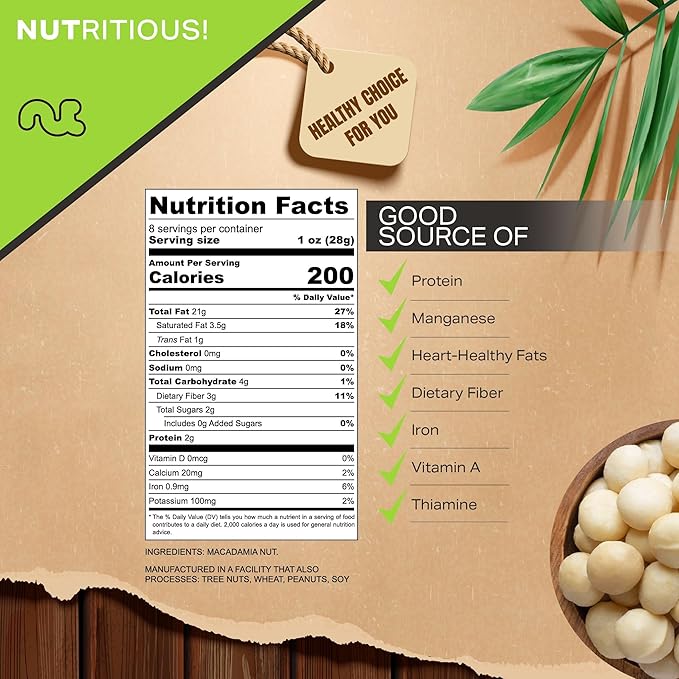 NUT CRAVINGS - Roasted Macadamia Nuts - No Shell, (8oz - 1 Pack) Bulk Nuts Packed Fresh in Resealable Bag - Healthy Protein Food Snack, Food Assortments