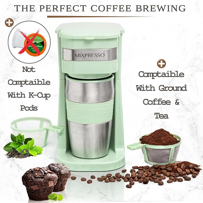 Mixpresso Green Personal Single Serve Coffee Maker with 14oz Travel Mug, Drip Small Coffee Maker with Auto Shut Off, Reusable Filter, Works with Ground Coffee Only ??Not for K-Cup Pods