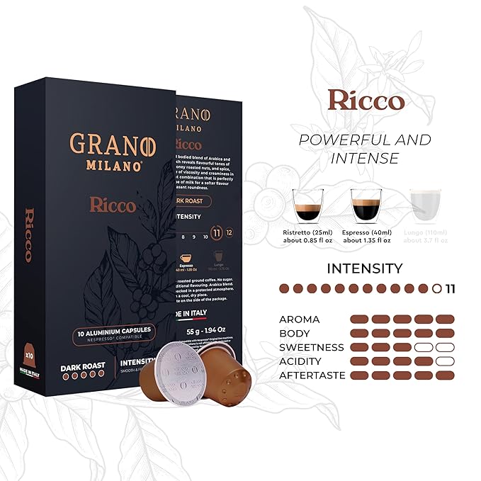 Grano Milano Ricco Coffee Capsules - 50 Aluminum Coffee Pods Compatible with Nespresso Original line, Dark Roast - Intensity 11/12, Made in Italy