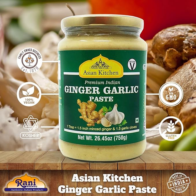 Asian Kitchen Ginger Garlic Cooking Paste 26.5oz (750g) Glass Jar, Pack of 5+1 FREE ~ Vegan | Gluten Free | NON-GMO | No Colors | Indian Origin