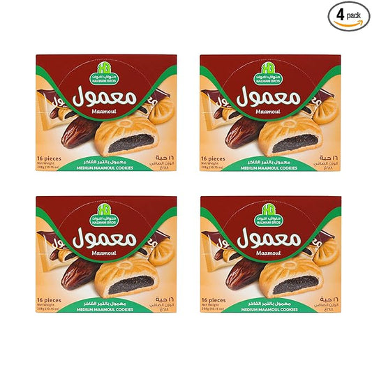 HB Halwani Bros Maamoul Cookies, 100% All Natural Date Filled Round Shortbread Cookies, No Preservatives, No Additives, 16 Medium Individually Wrapped Cookies (Pack of 4)